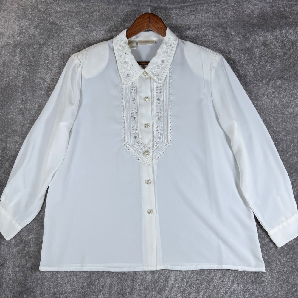 VTG Christie & Jill Blouse Size 18 White Embroidered Beaded Faux Pearl Button - Picture 2 of 7